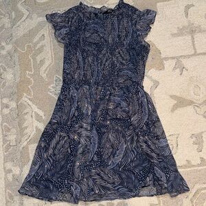 Aqua Dress in Navy with Leaf Design and Gold Accents